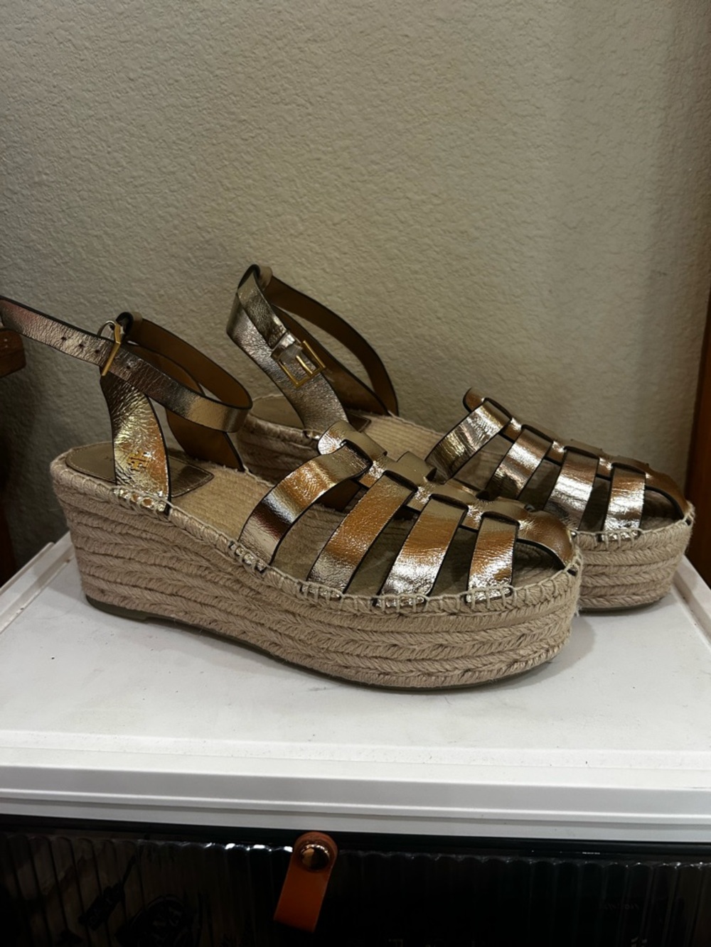 Tory Burch Metallic Gold Woven-Strap Espadrille Wedge Sandals